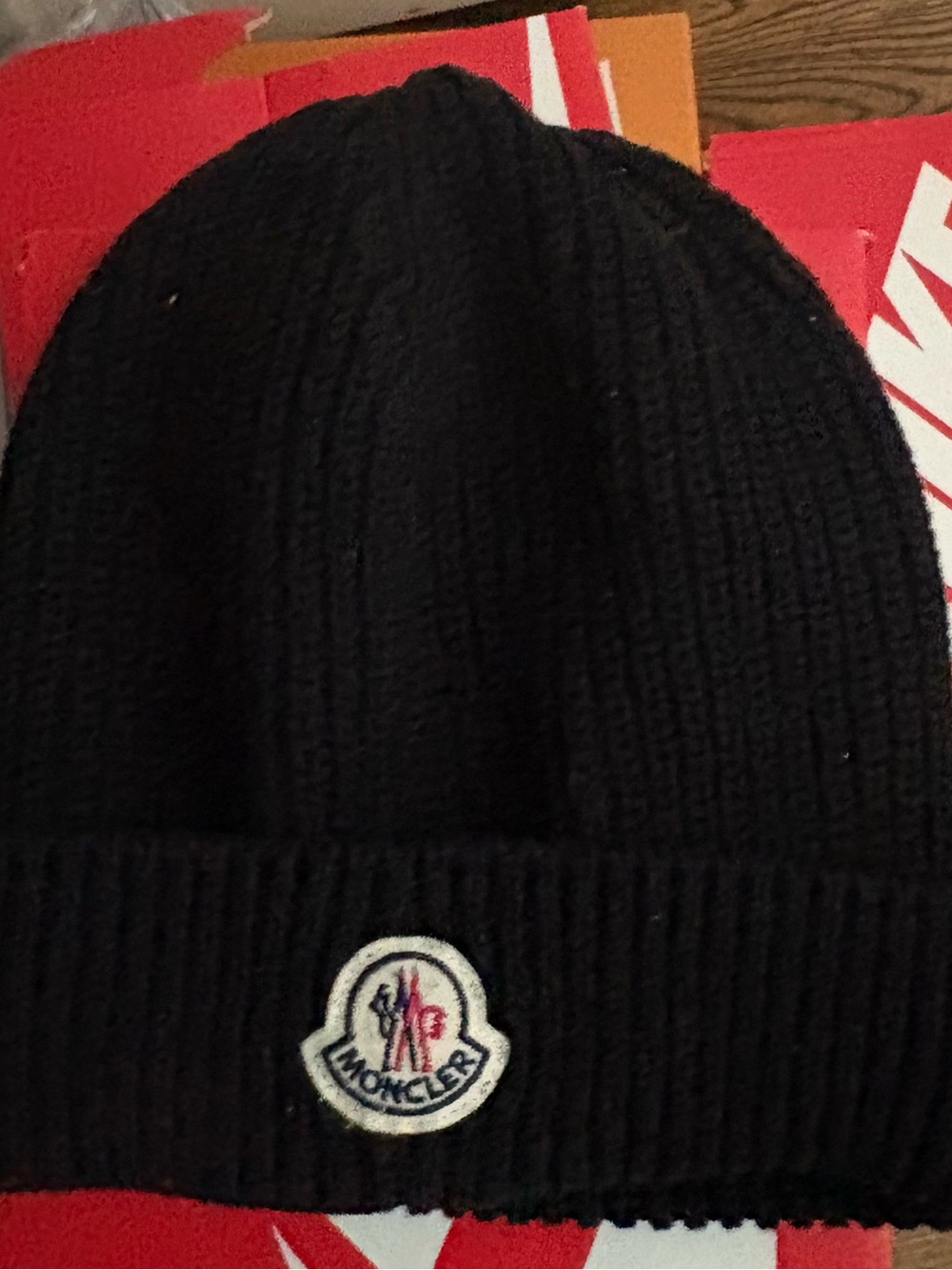Moncler Black Ribbed Knit Beanie with Logo Patch